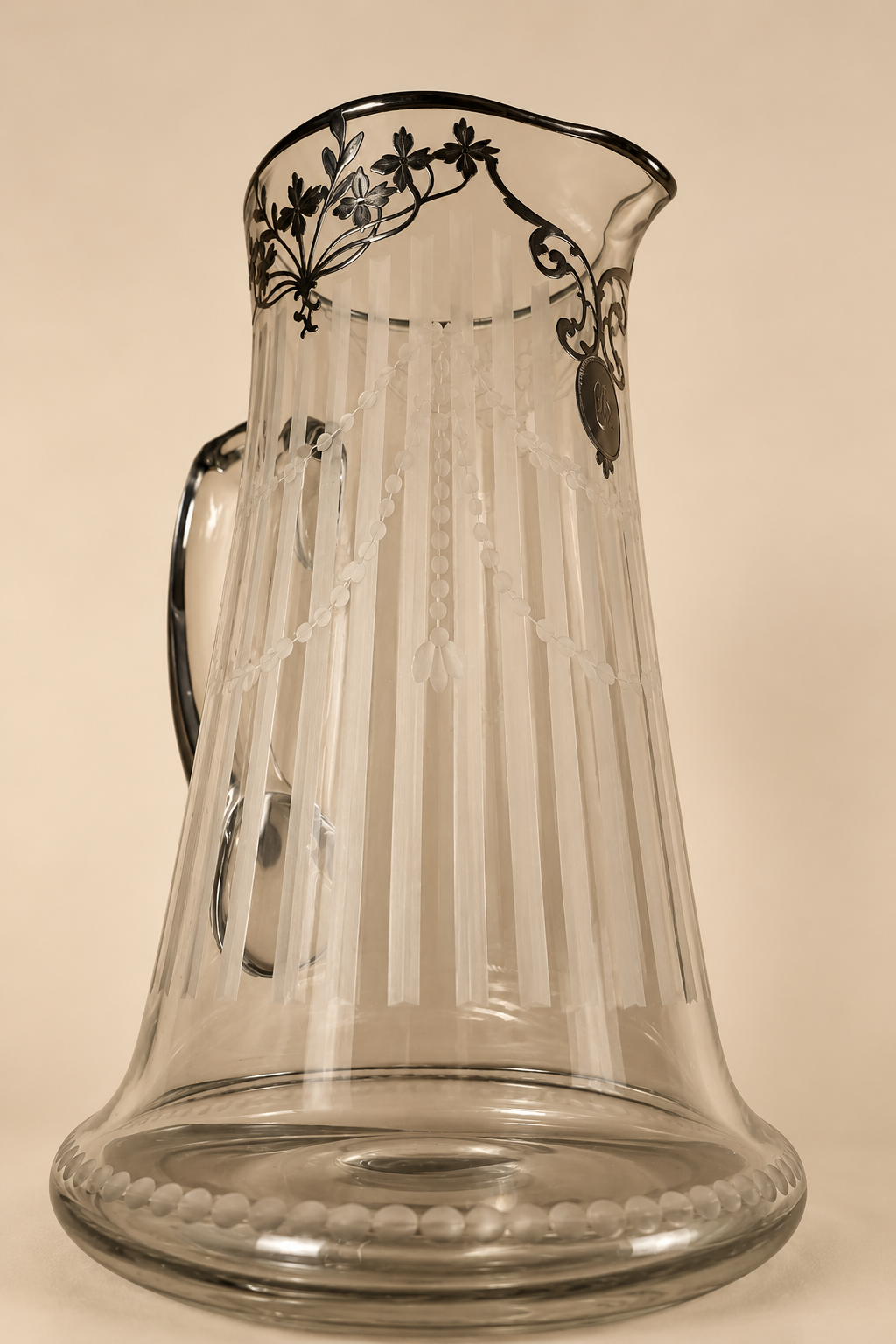 Antique Art Nouveau Etched Glass Pitcher | Silver Overlay & Monogrammed Medallion