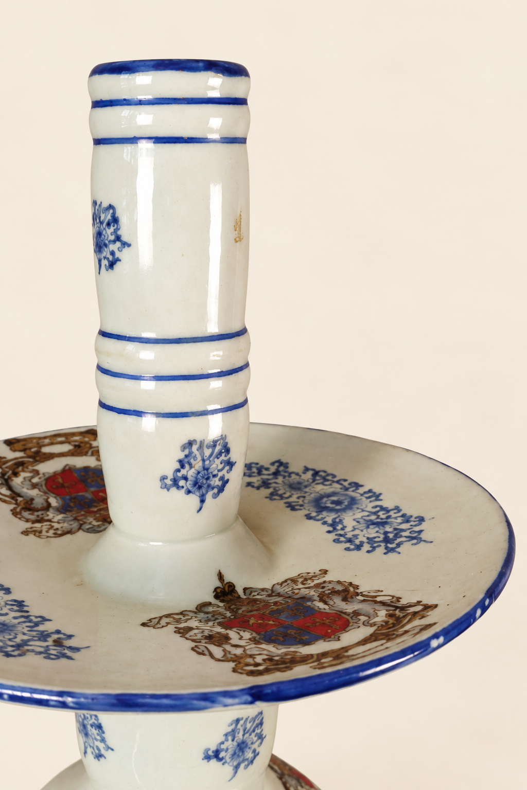 Antique European Porcelain Candlesticks with Heraldic Coat of Arms
