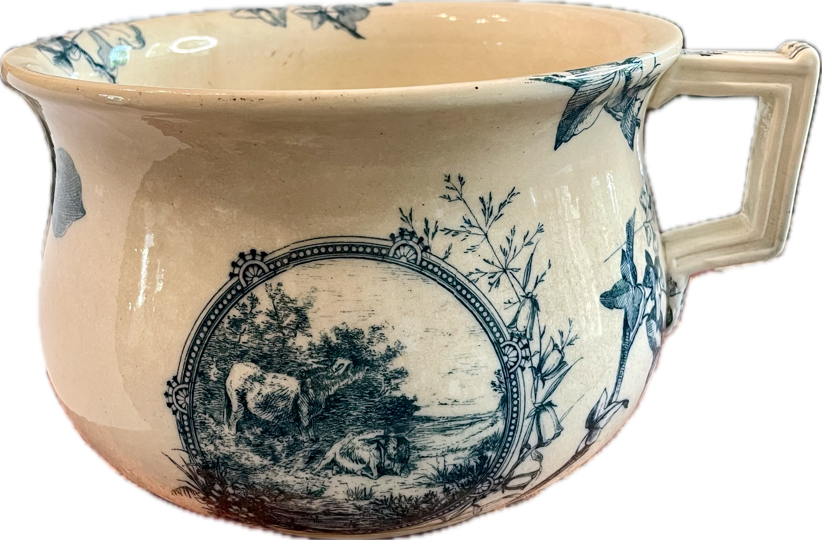 Antique Transferware Chamber Pot — Pastoral Scene in Blue and White