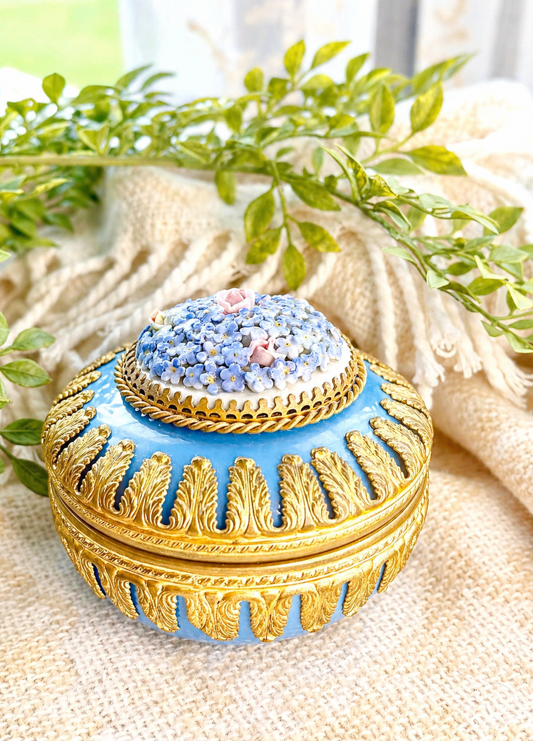 Vintage Blue Guilloché Trinket Box with Floral Porcelain Bouquet Lid