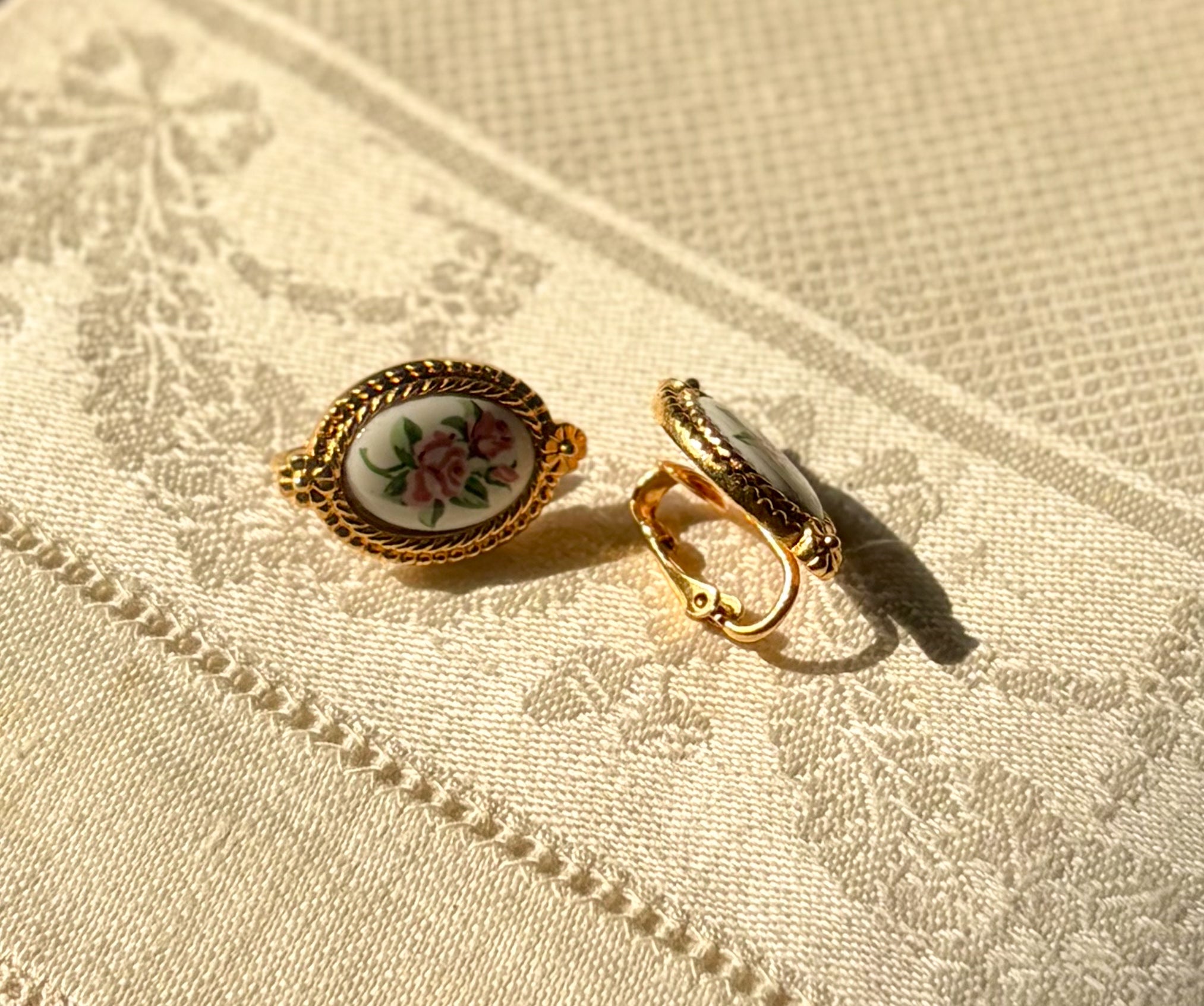Vintage Floral Porcelain Clip-On Earrings