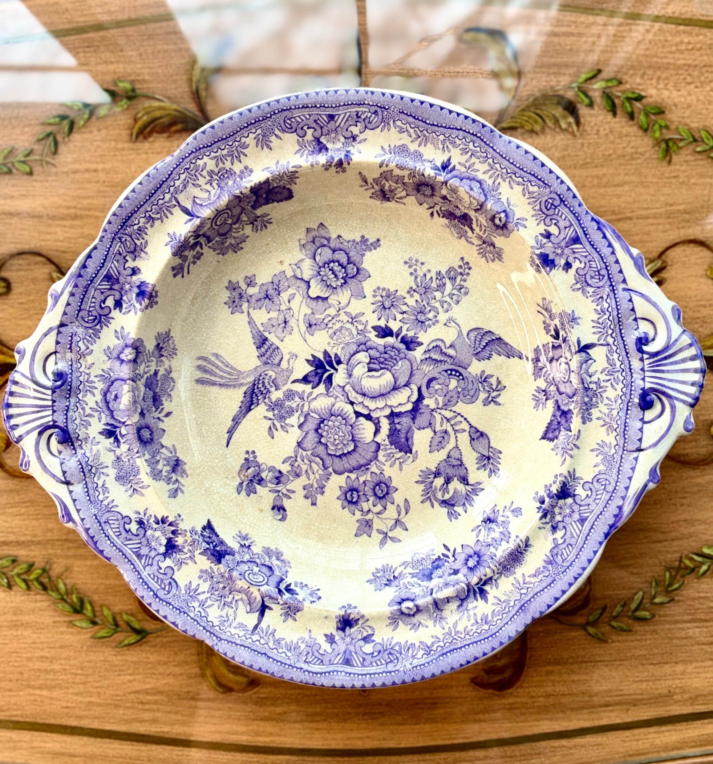 Antique Gustavsberg "Asiatic Pheasants" Purple and White Transferware Serving Dish