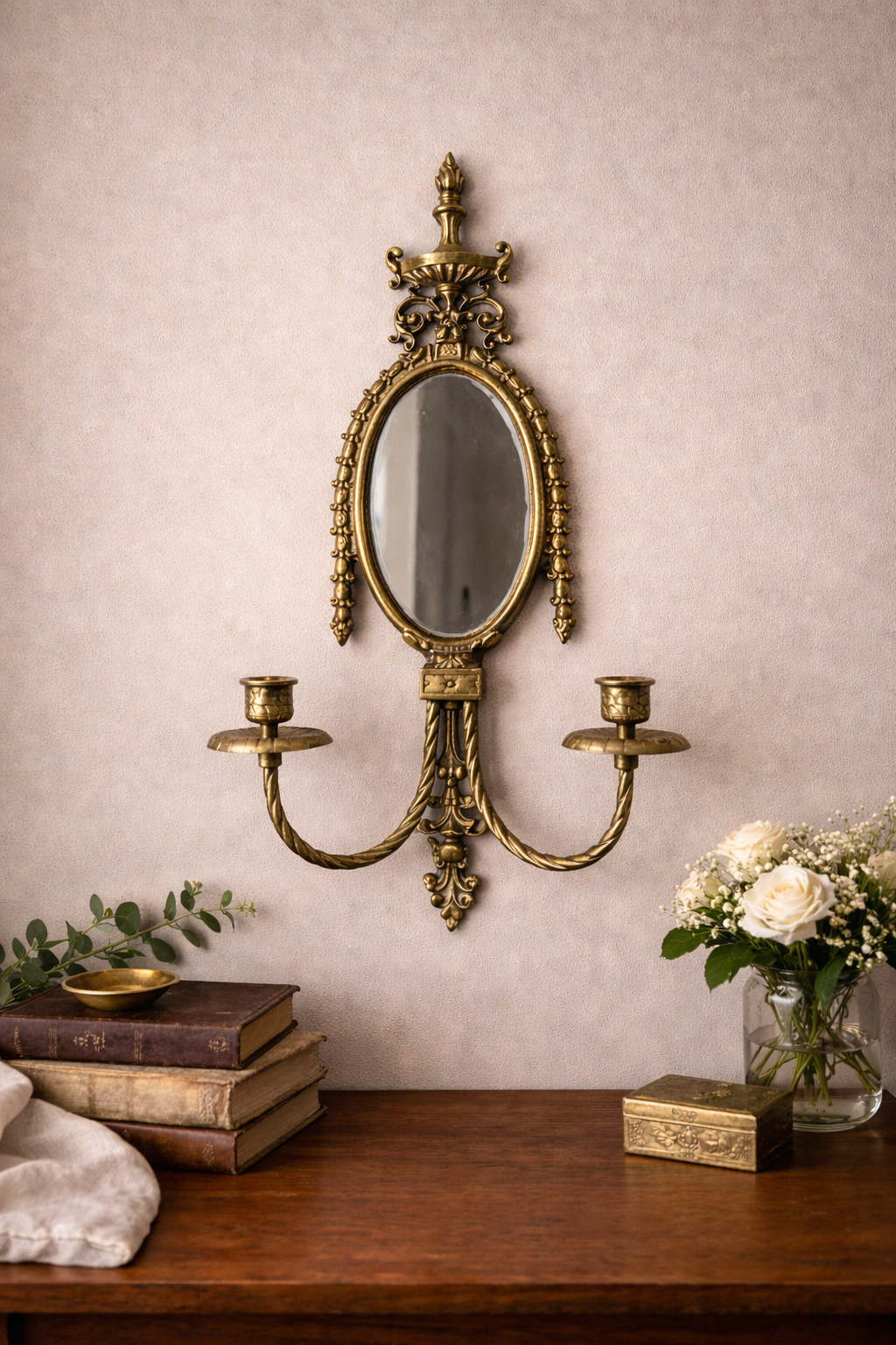 Antique Brass Wall Sconce Mirror with Dual Candle Holders