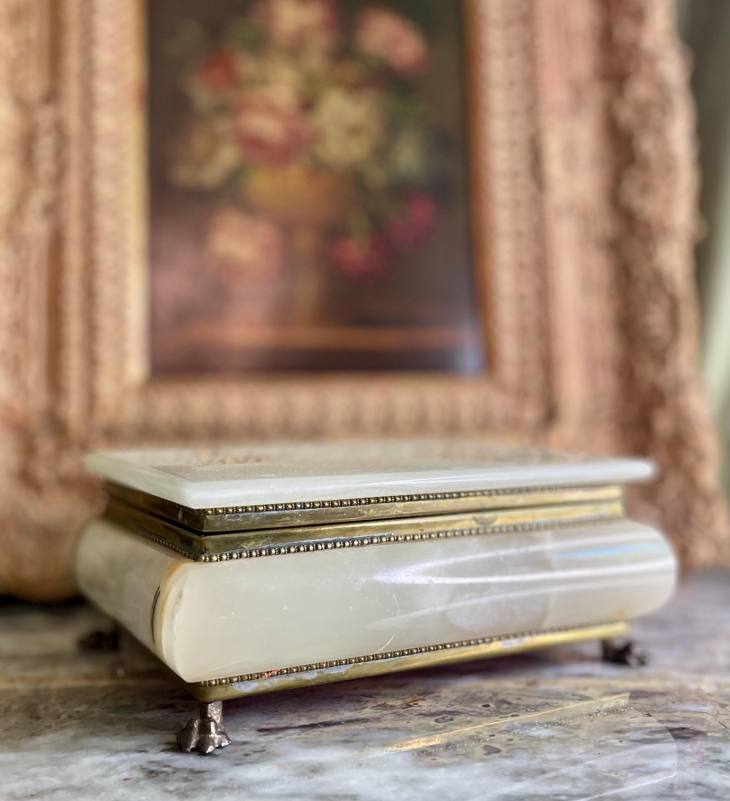 Vintage Onyx Footed Jewelry Casket with Red Velvet Interior