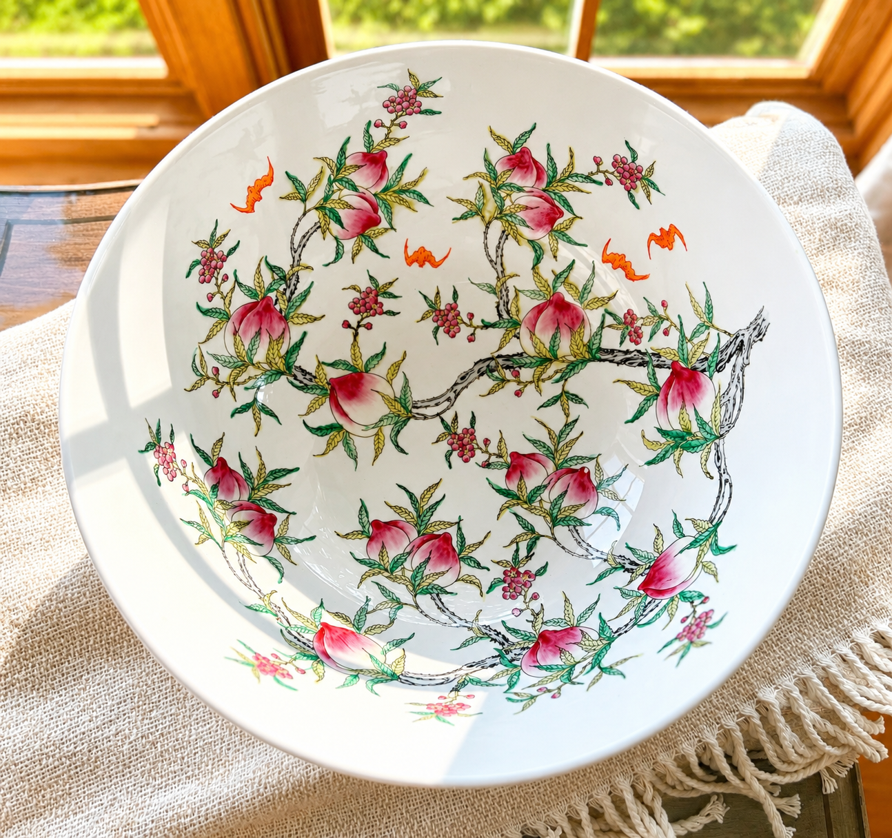 Vintage Chinoiserie Peach Porcelain Serving Bowl | Hong Kong Decorative Fruit Bowl