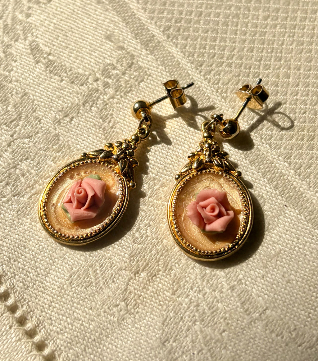Vintage Pink Rose Cameo Drop Earrings