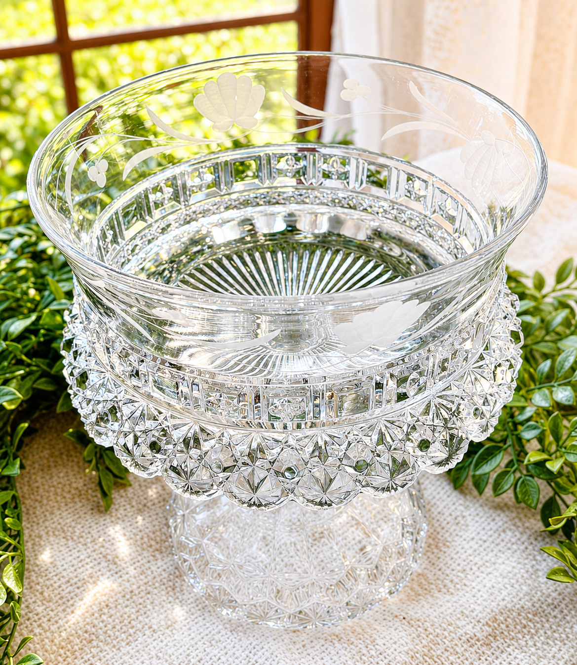 Antique Dalzell, Gilmore & Leighton Etched Glass Compote Bowl | Pedestal Fruit Stand with Floral Motif