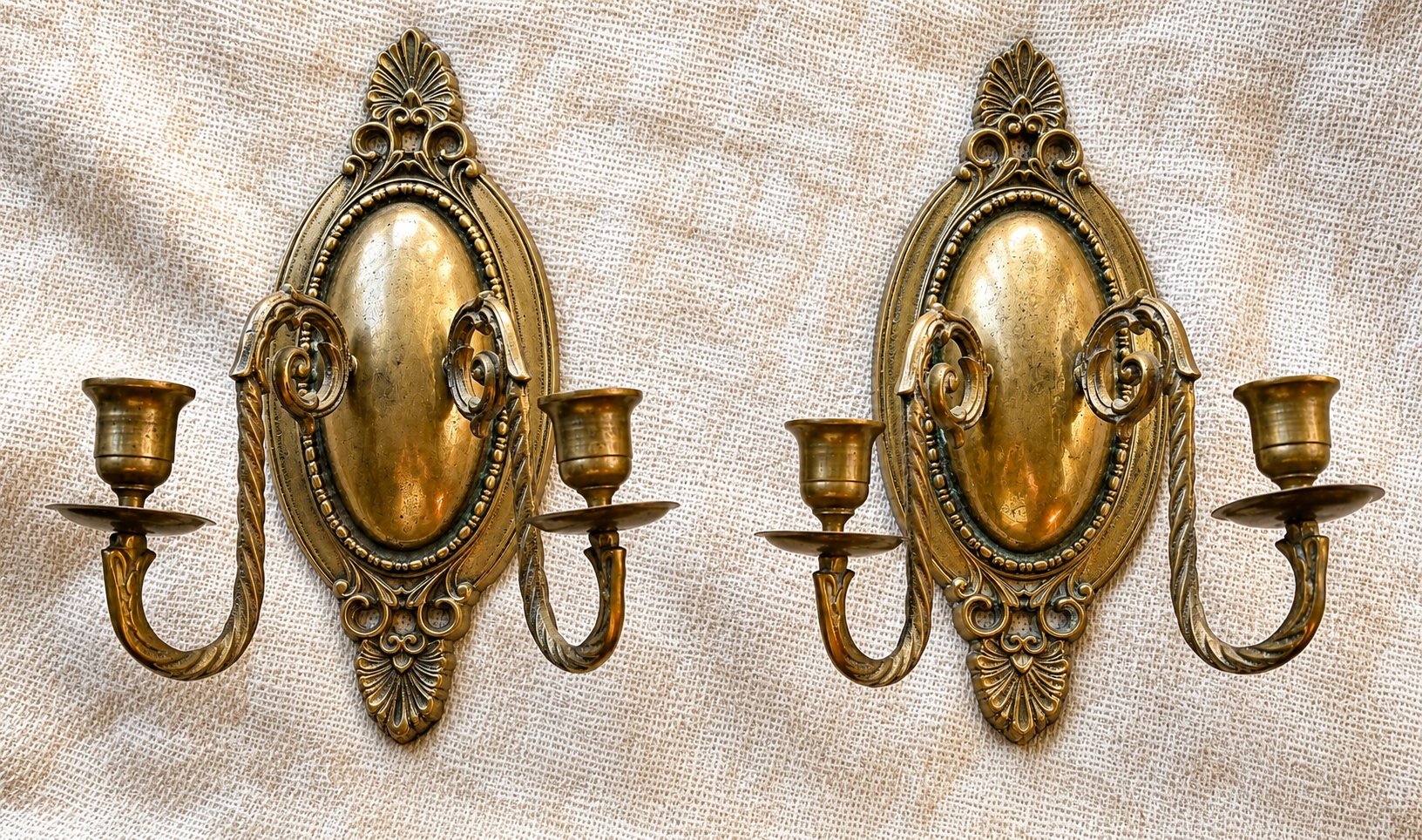 Pair of Antique Brass Wall Sconces | Ornate Victorian Double Arm Candle Holders