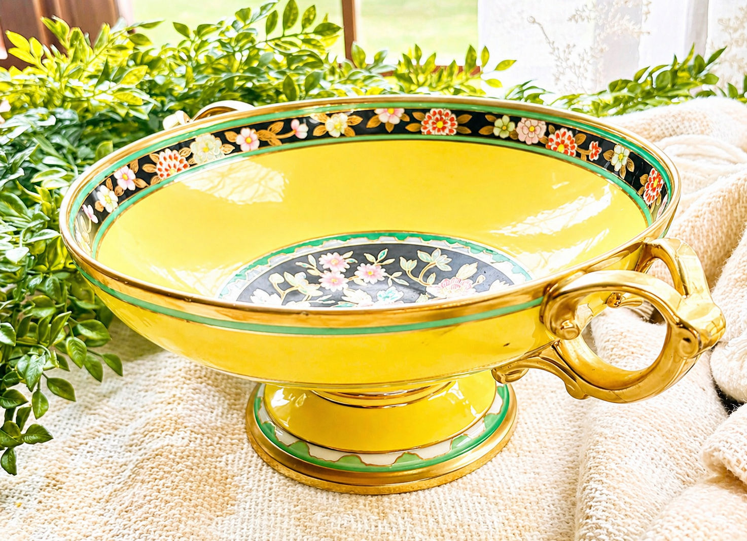 Hand-Decorated Japanese Pedestal Bowl / Handled Compote
