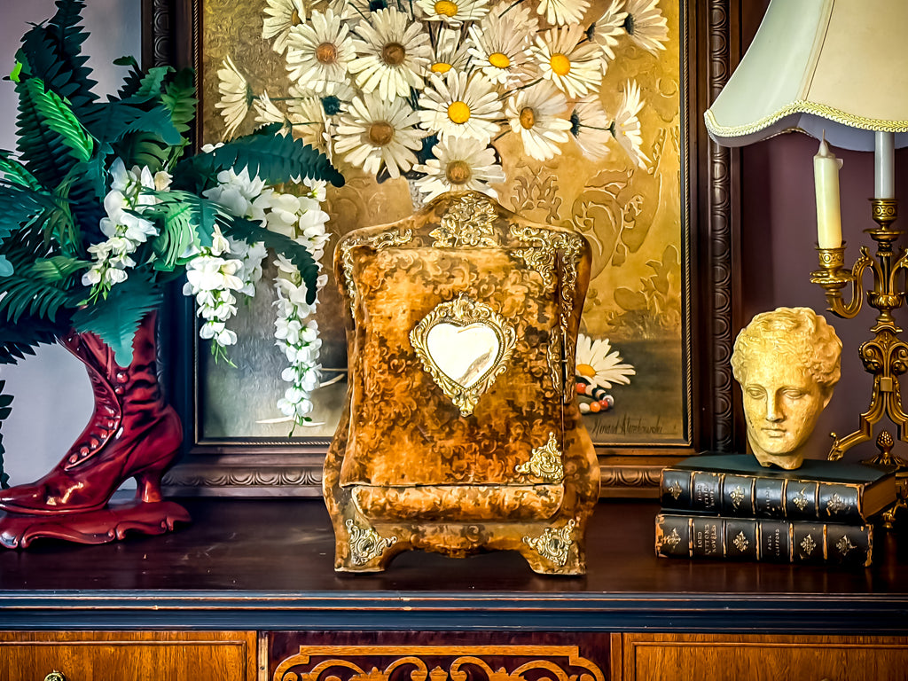 Antique Victorian Velvet Photo Album with Heart Mirror & Ornate Metalwork