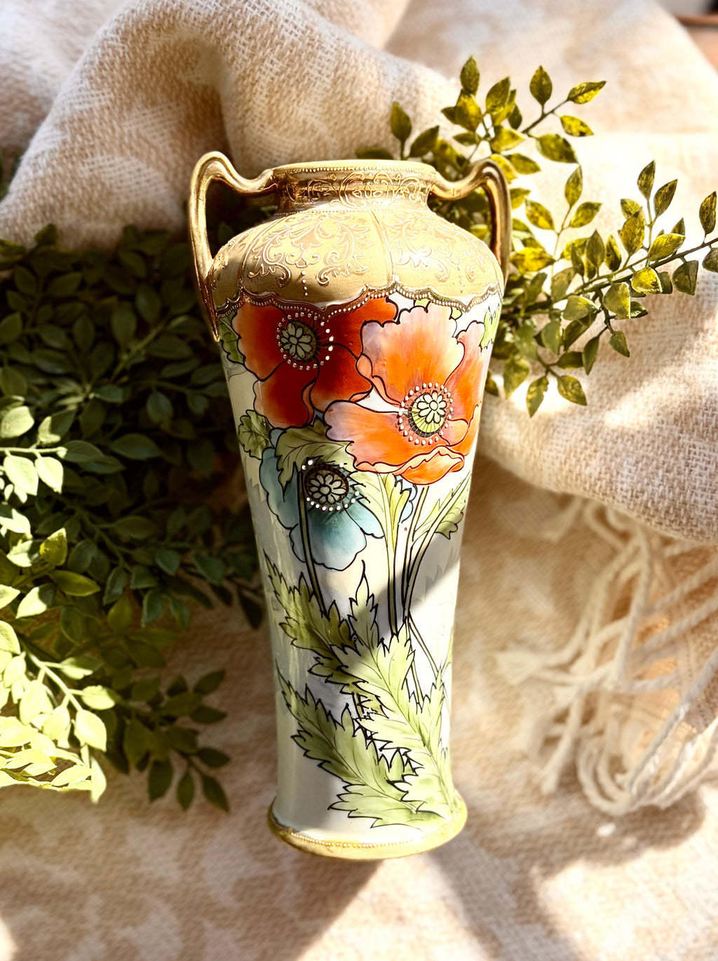 Antique Hand Painted Nippon Poppy Vase