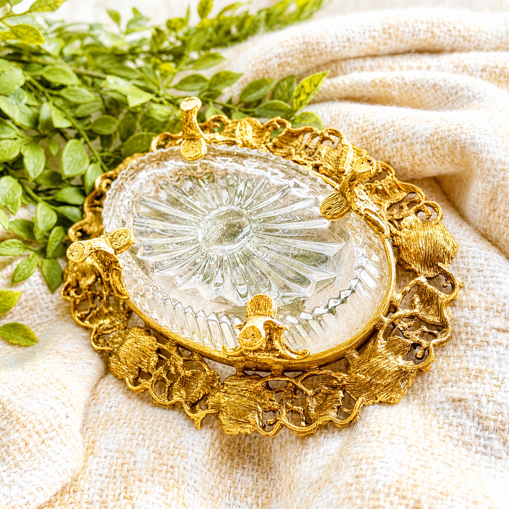 Vintage Ormolu and Glass Floral Trinket Dish