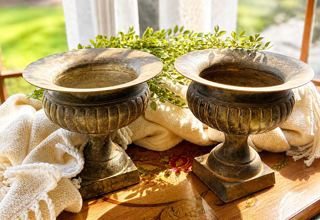 Vintage Pair Brass Urn Planters