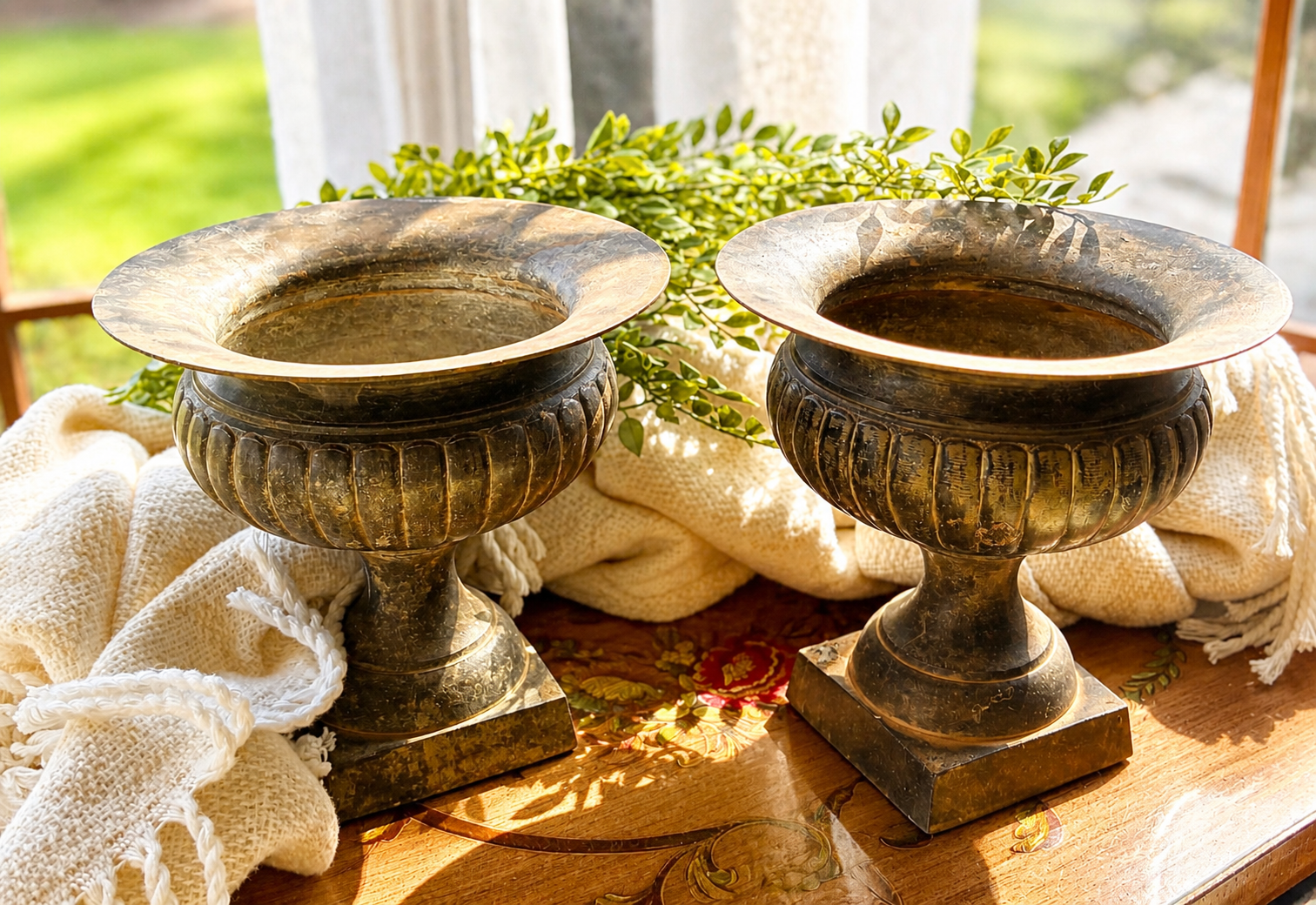 Vintage Pair Brass Urn Planters