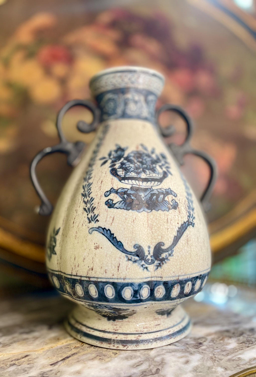 European  Blue & White Urn-Style Vase with Double Handles