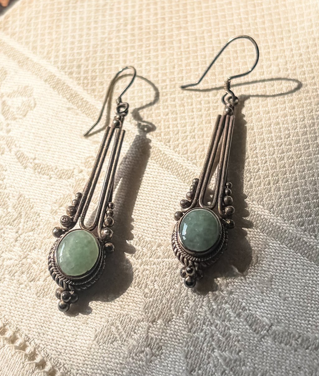 Vintage Sterling Silver Green Stone Drop Earrings