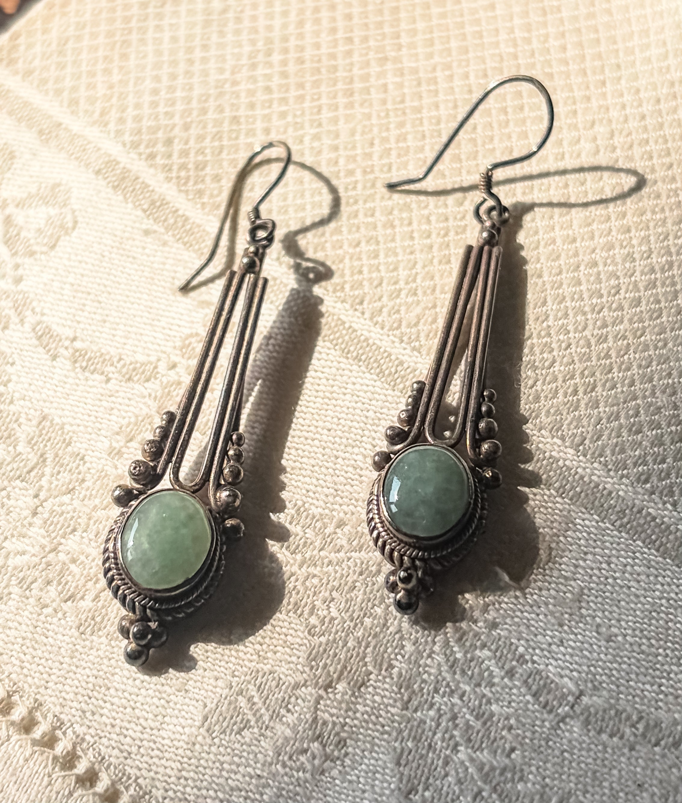 Vintage Sterling Silver Green Stone Drop Earrings