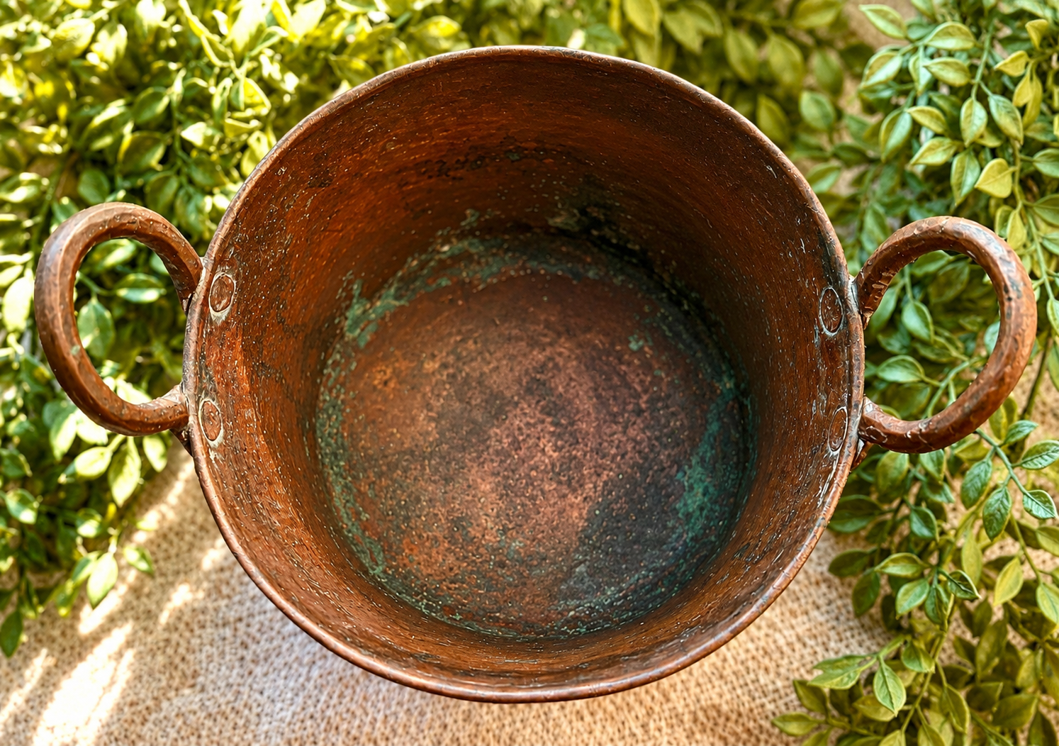 Antique Hand-Hammered Copper Pot with Riveted Handles | Primitive French Country Kitchen Décor