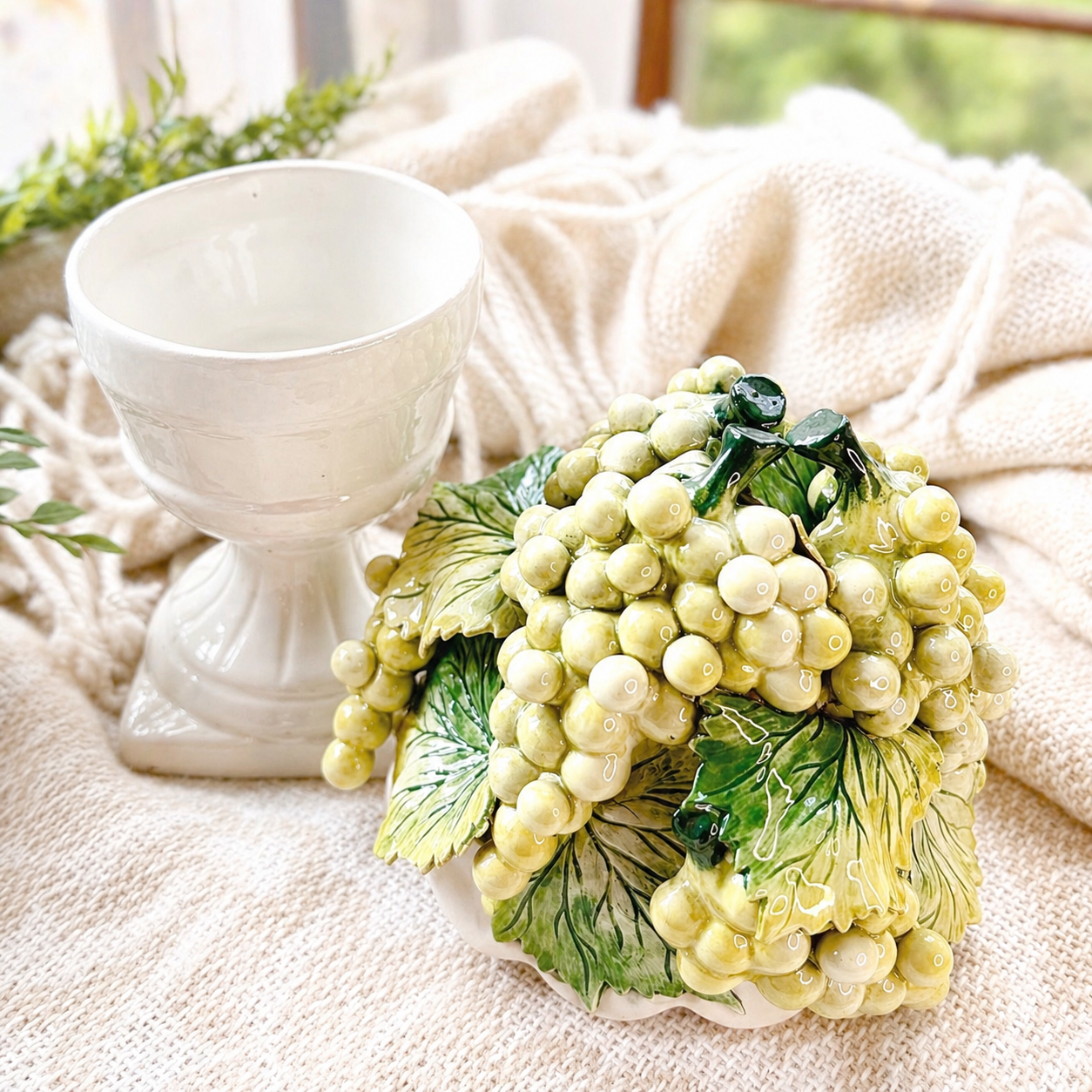 Vintage Italian Majolica White Grape Topiary Urn – Handcrafted Ceramic Centerpiece