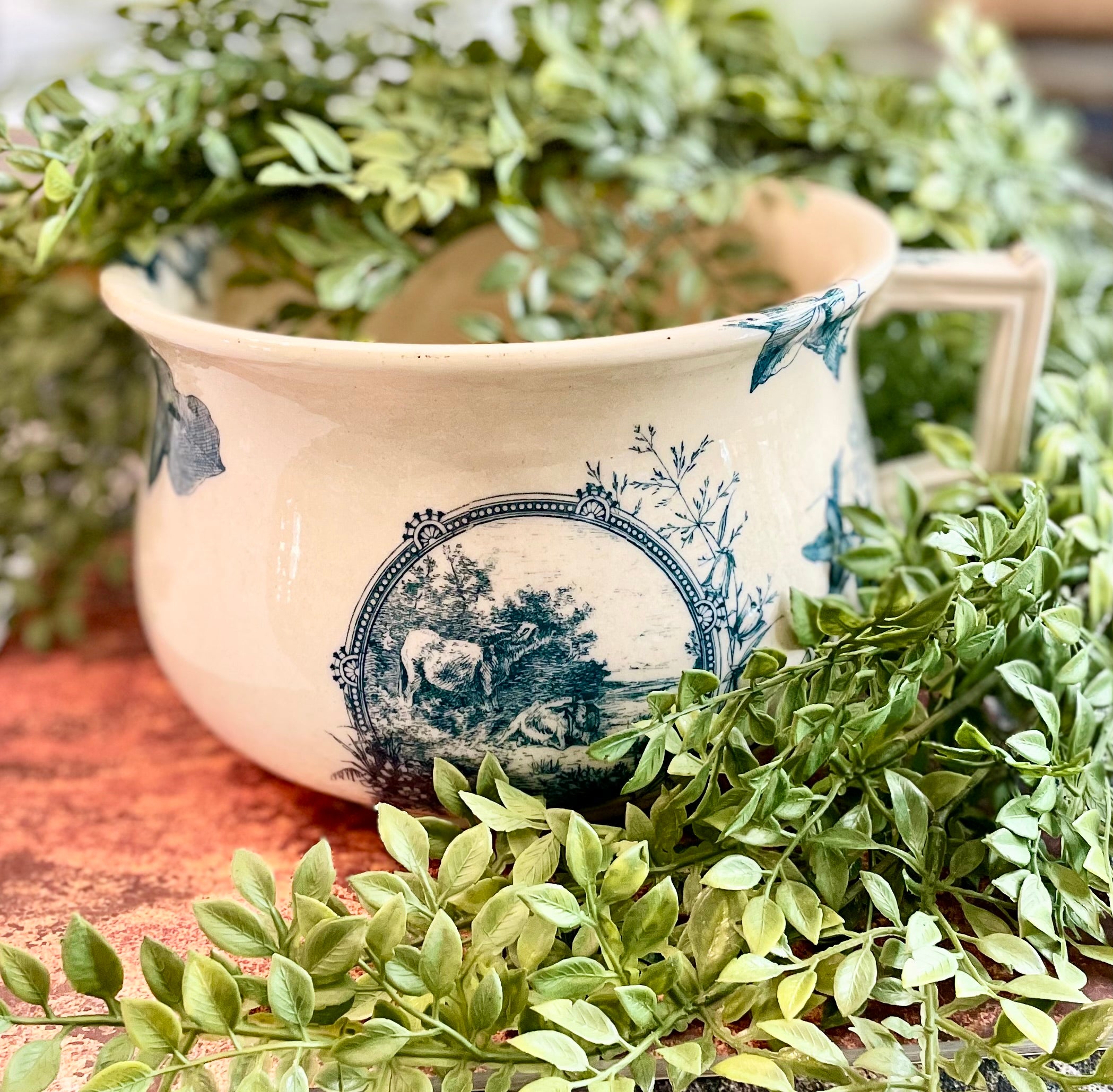 Antique Transferware Chamber Pot — Pastoral Scene in Blue and White