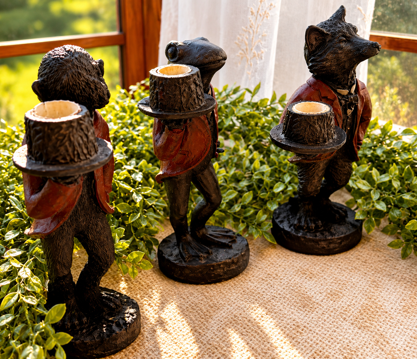 Whimsical Cast Iron Animal Butler Candle Holders – Set of 3 | Frog, Fox & Monkey Figurines