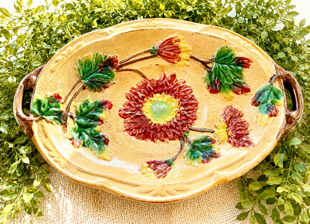 Antique Majolica Floral Serving Platter with Handles | Hand-Painted Chrysanthemum Oval Dish