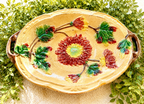 Antique Majolica Floral Serving Platter with Handles | Hand-Painted Chrysanthemum Oval Dish