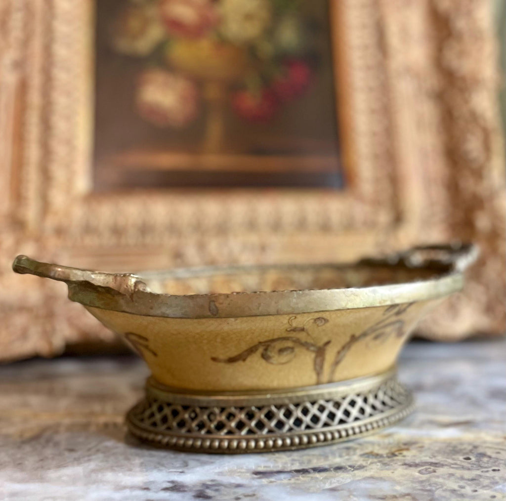 Vintage Porcelain Bowl with Ornamental Bronze Accents
