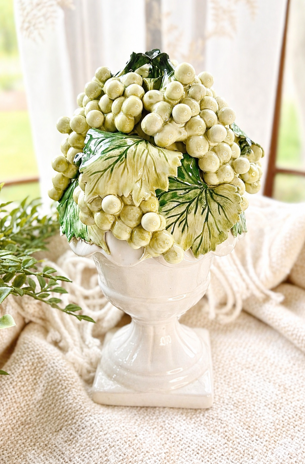 Vintage Italian Majolica White Grape Topiary Urn – Handcrafted Ceramic Centerpiece