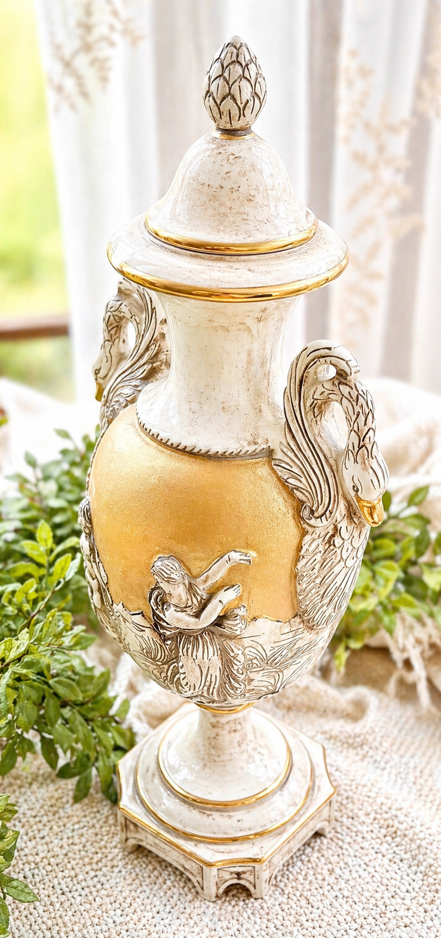 Vintage Capodimonte Italy Covered Urn Vase with Swan Handles & Figural Relief