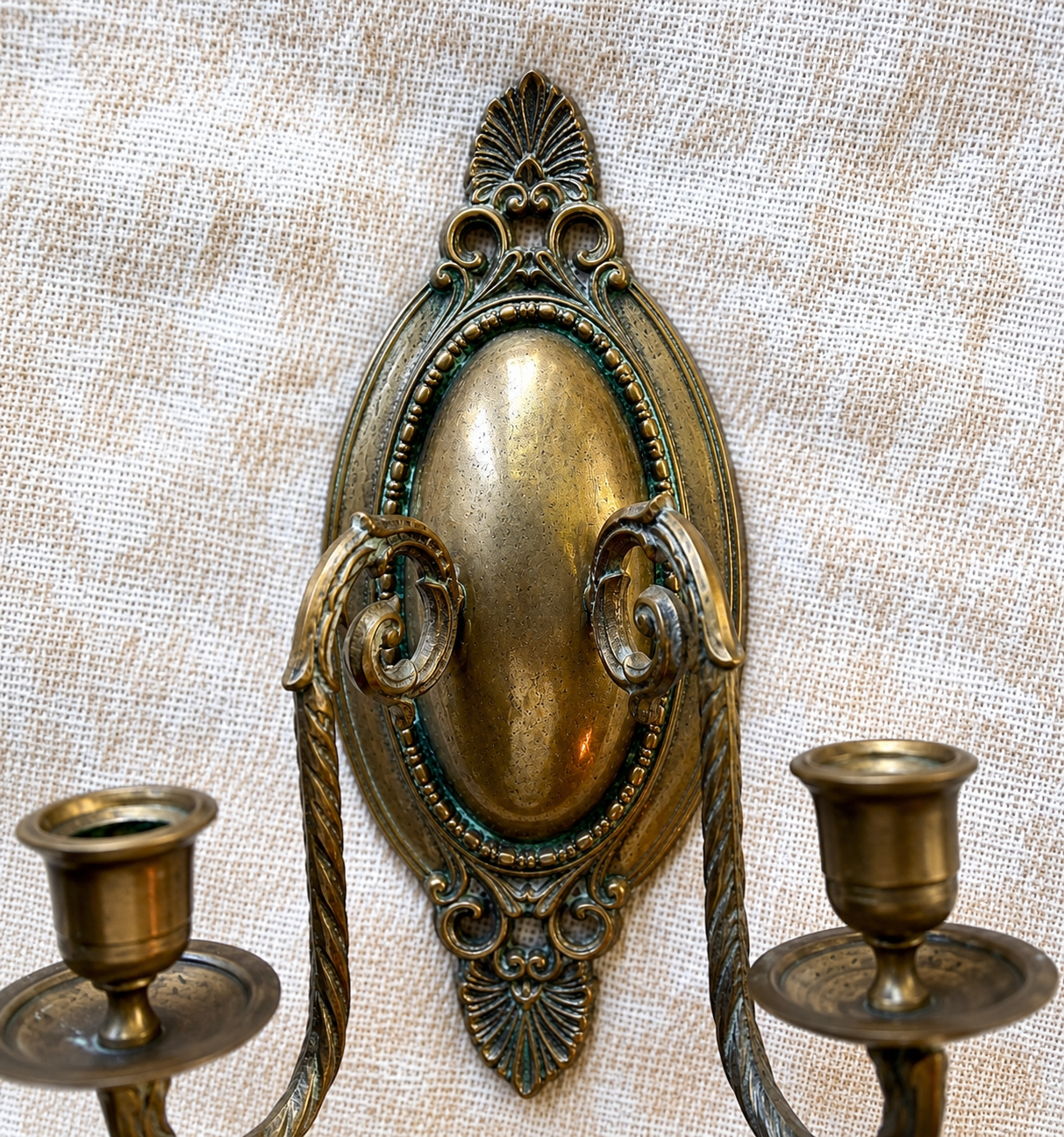 Pair of Antique Brass Wall Sconces | Ornate Victorian Double Arm Candle Holders