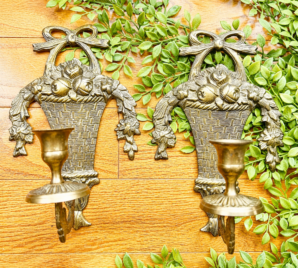 Vintage Pair of Brass Basket Wall Sconces