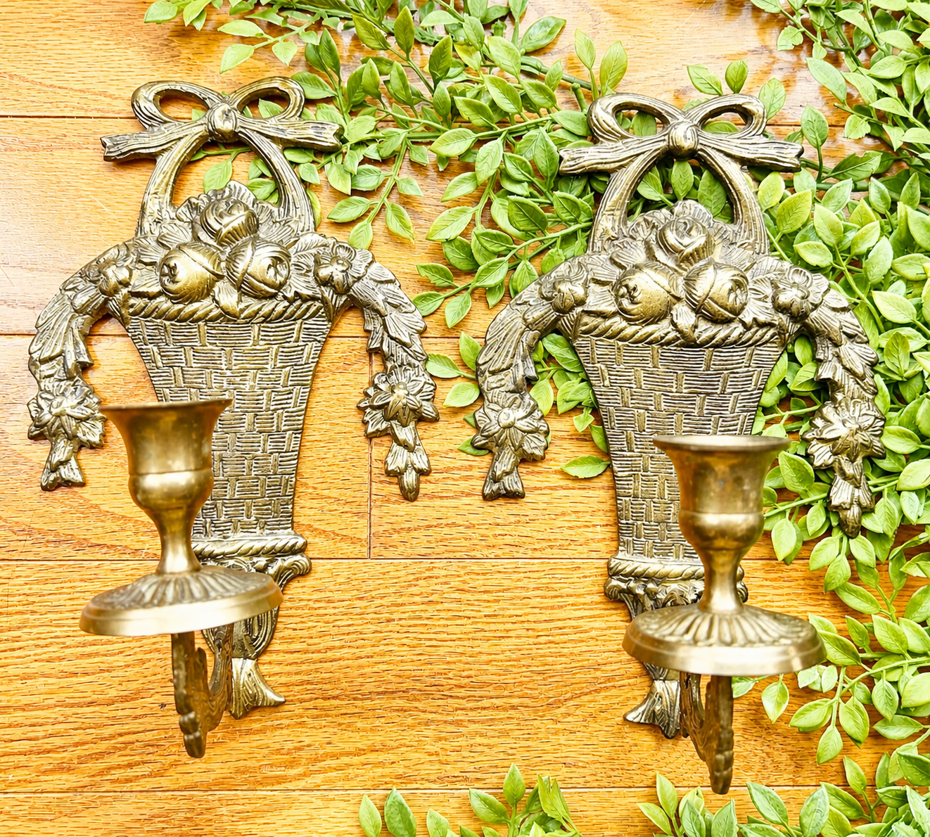 Vintage Pair of Brass Basket Wall Sconces