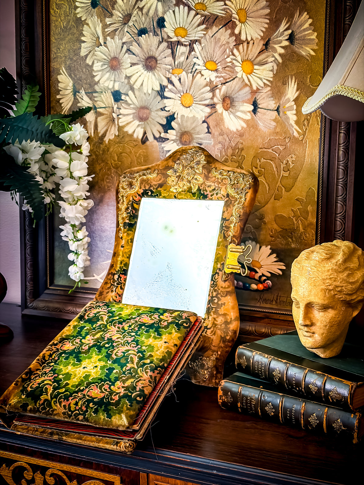 Antique Victorian Velvet Photo Album with Heart Mirror & Ornate Metalwork