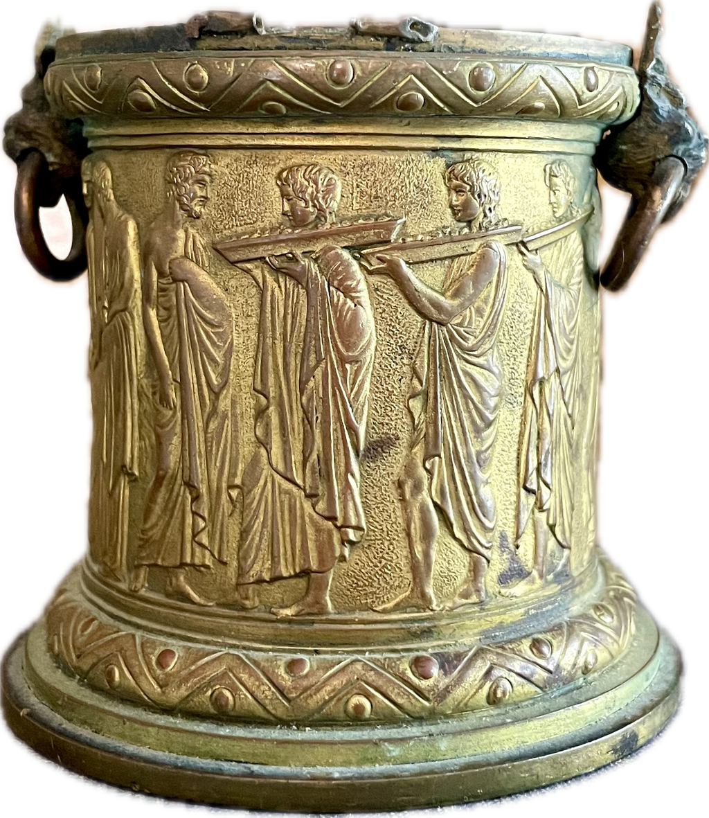 Antique Neoclassical Brass Urn with Greek Figures and Lion Handles