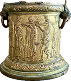 Antique Neoclassical Brass Urn with Greek Figures and Lion Handles