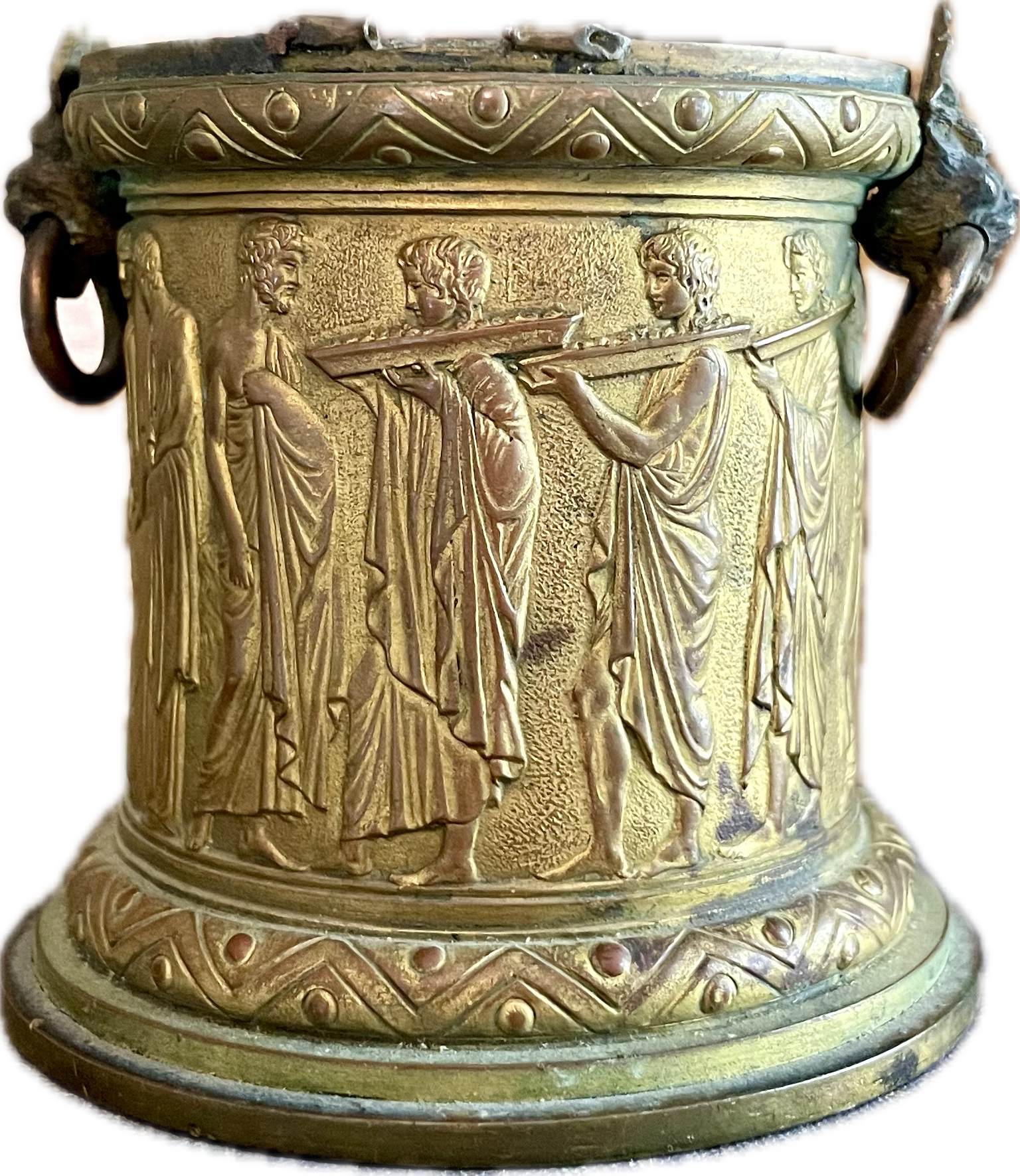 Antique Neoclassical Brass Urn with Greek Figures and Lion Handles