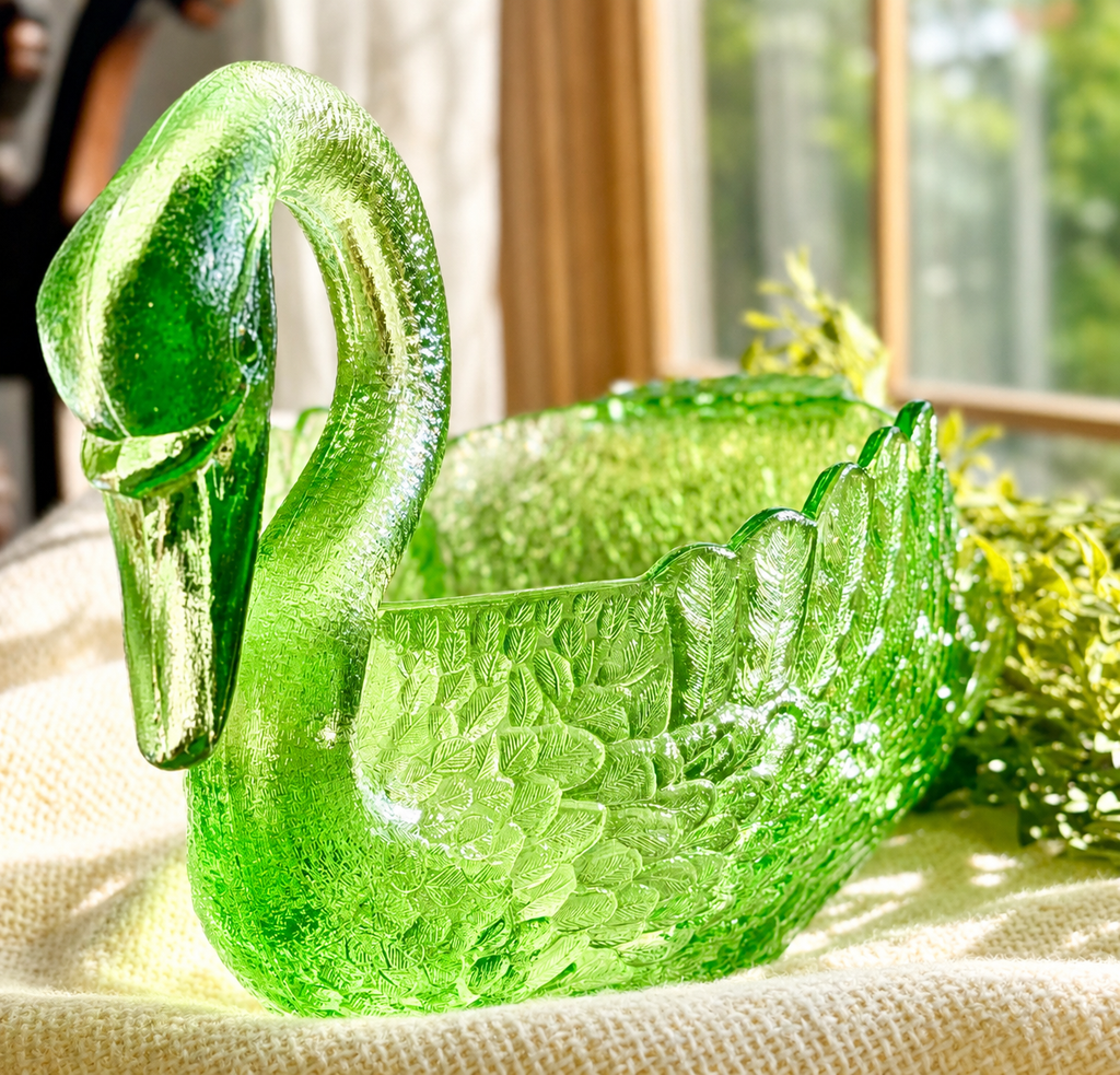 Vintage Uranium Glass Swan Bowl / Centerpiece