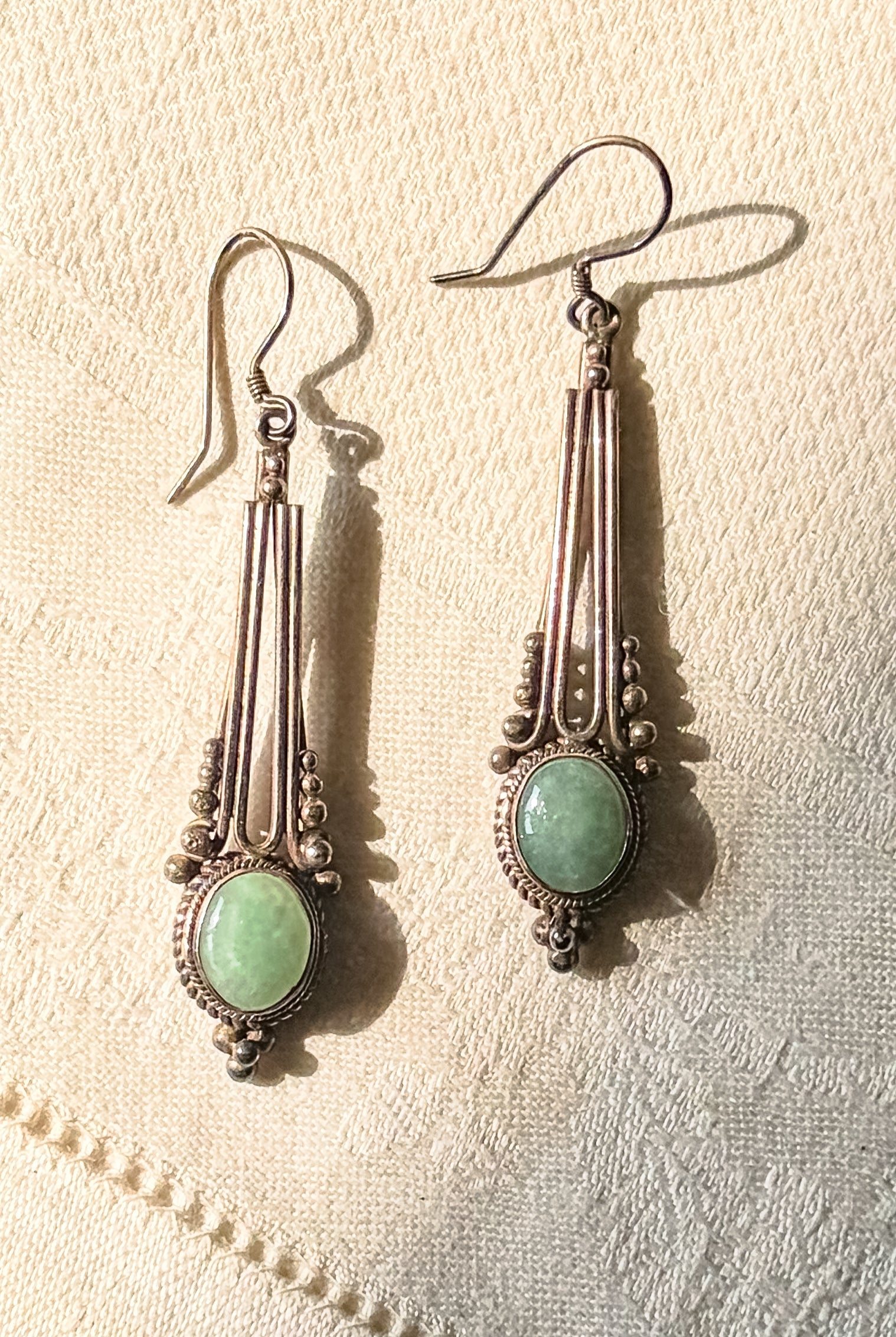 Vintage Sterling Silver Green Stone Drop Earrings