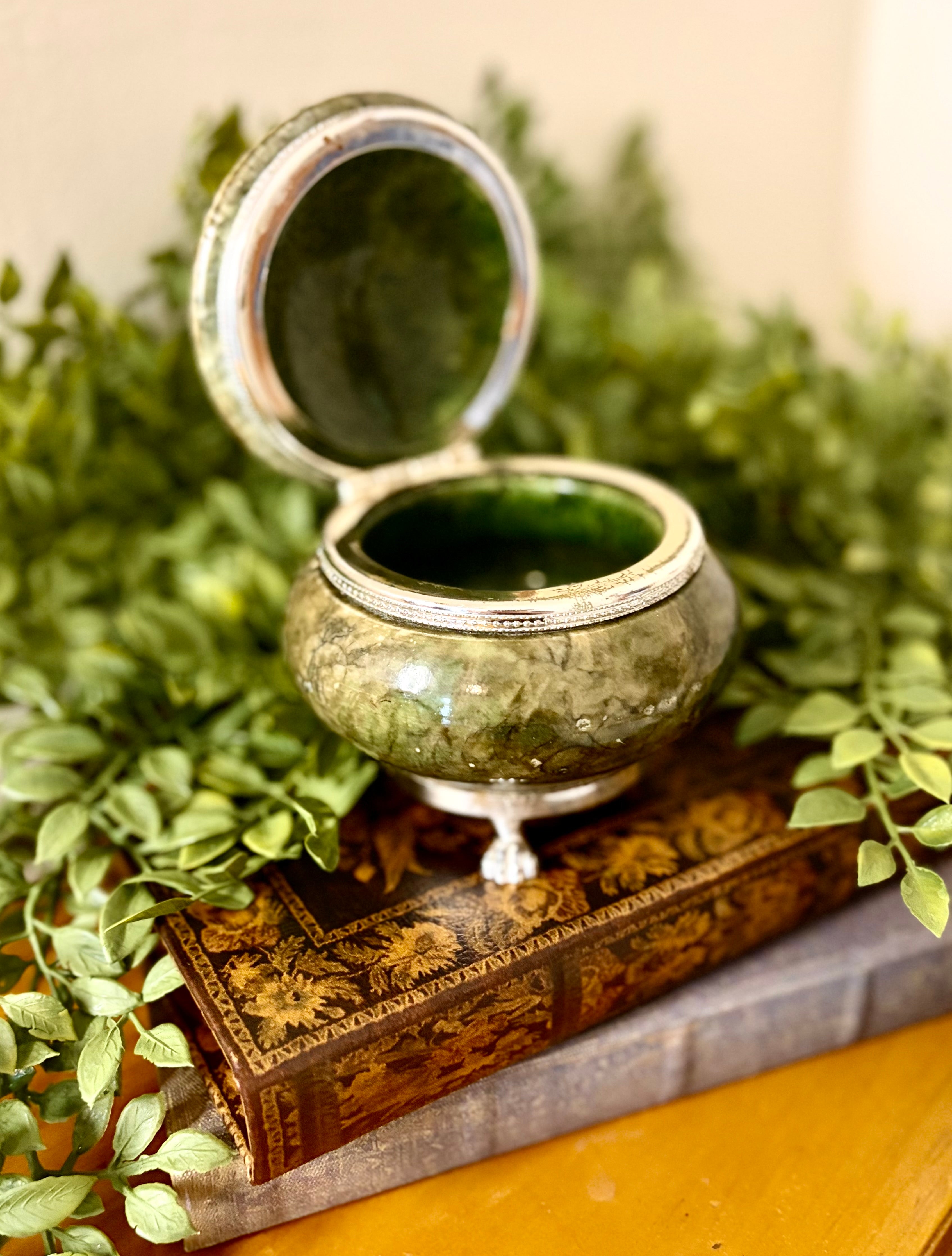 Vintage Italian Green Stone & Silver-Tone Footed Trinket Box