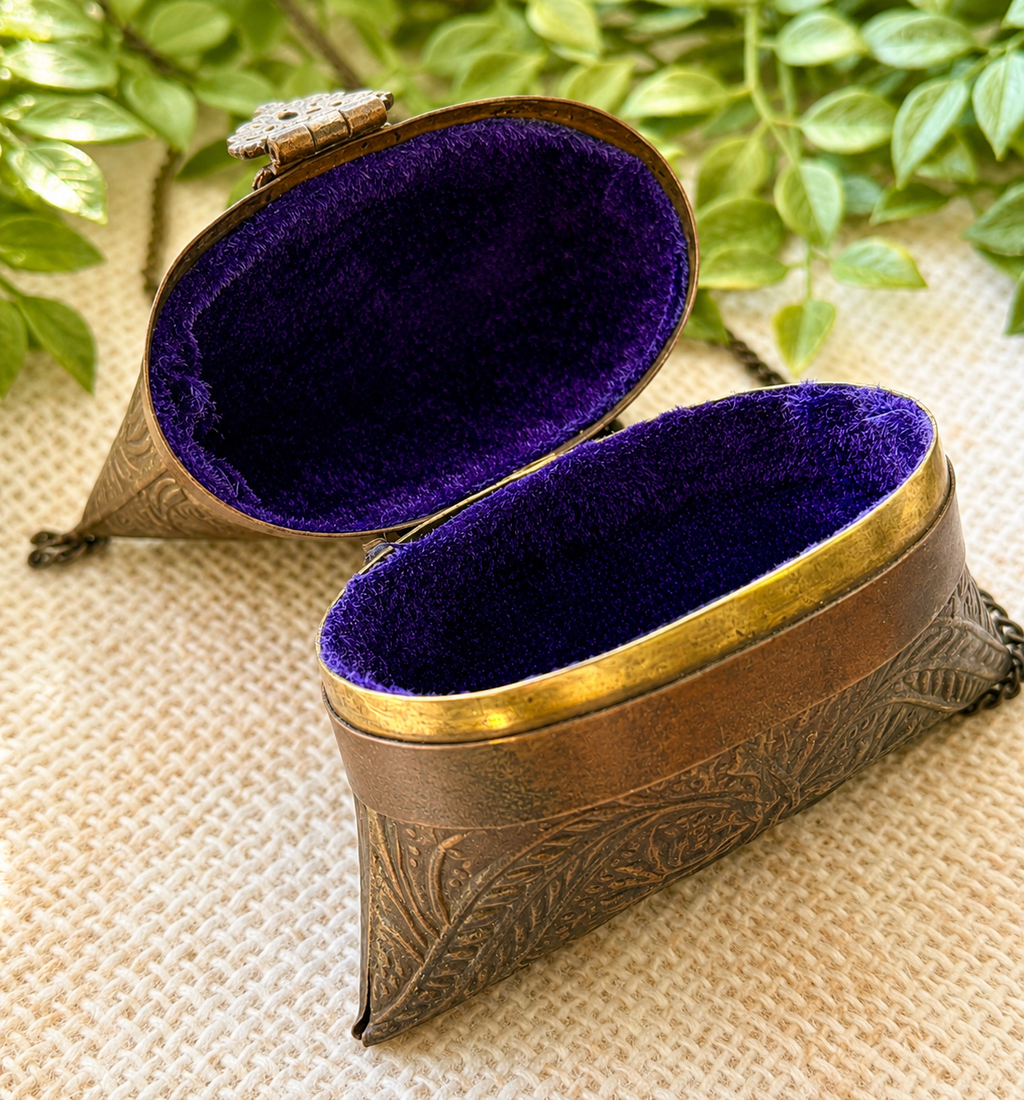 Antique Embossed Brass Pillow Purse with Chain | Victorian Revival Evening Bag