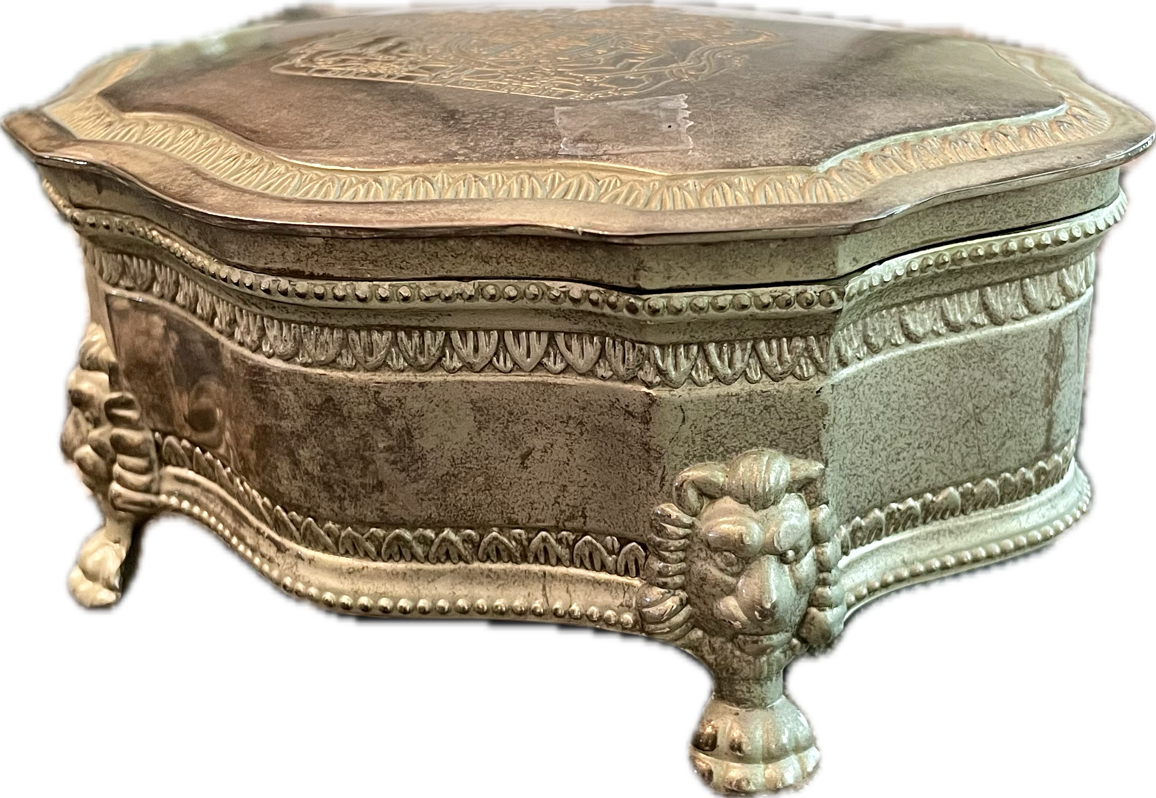 Vintage Silverplate Jewelry Casket with Lion Feet & Crest Engraving