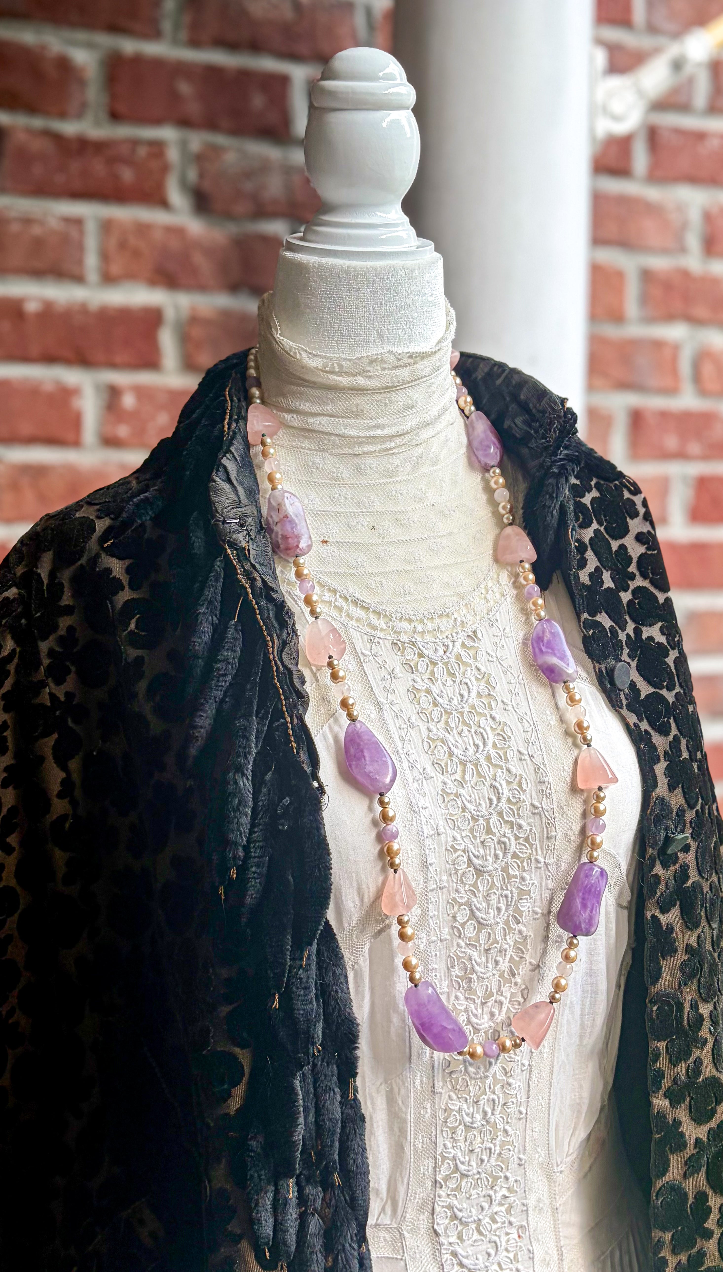 Vintage Carol DuPlaise Amethyst, Rose Quartz & Faux Pearl Long Necklace