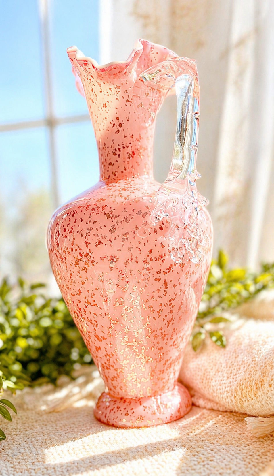 Antique Victorian Pink Art Glass Pitcher with Mica Attributed to Stevens & Williams