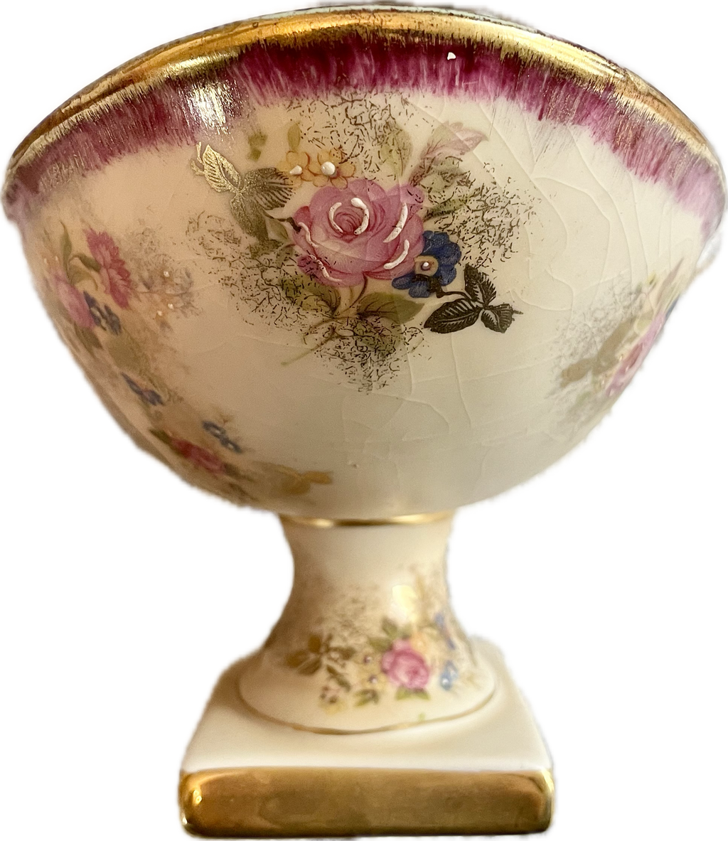 Vintage Hand-Painted Empire Ware Floral Compote Bowl with Gilded Accents