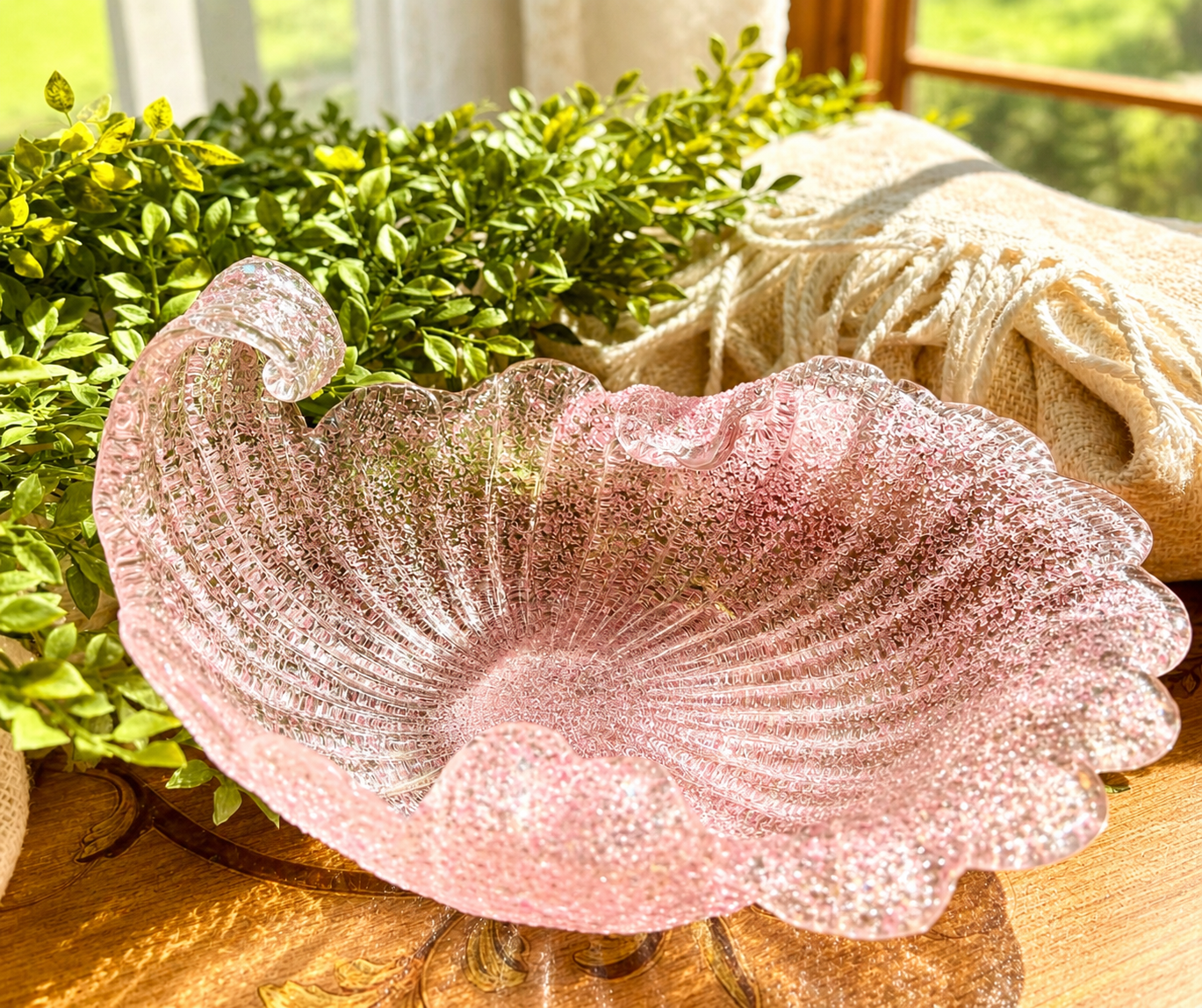 Vintage Pink Italian Murano Textured Glass Cornucopia Bowl