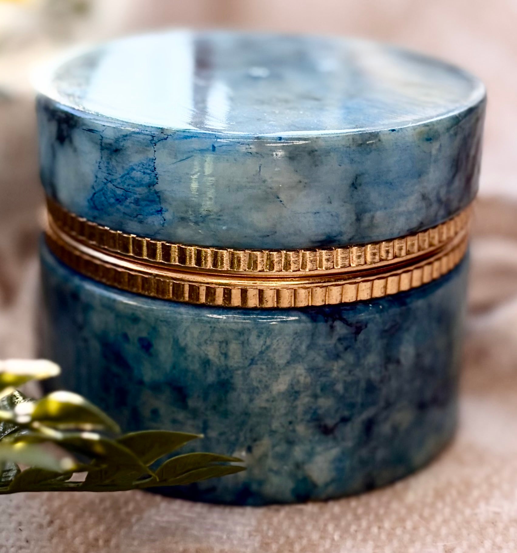 Blue Alabaster Hinged Trinket Box with Gold Trim