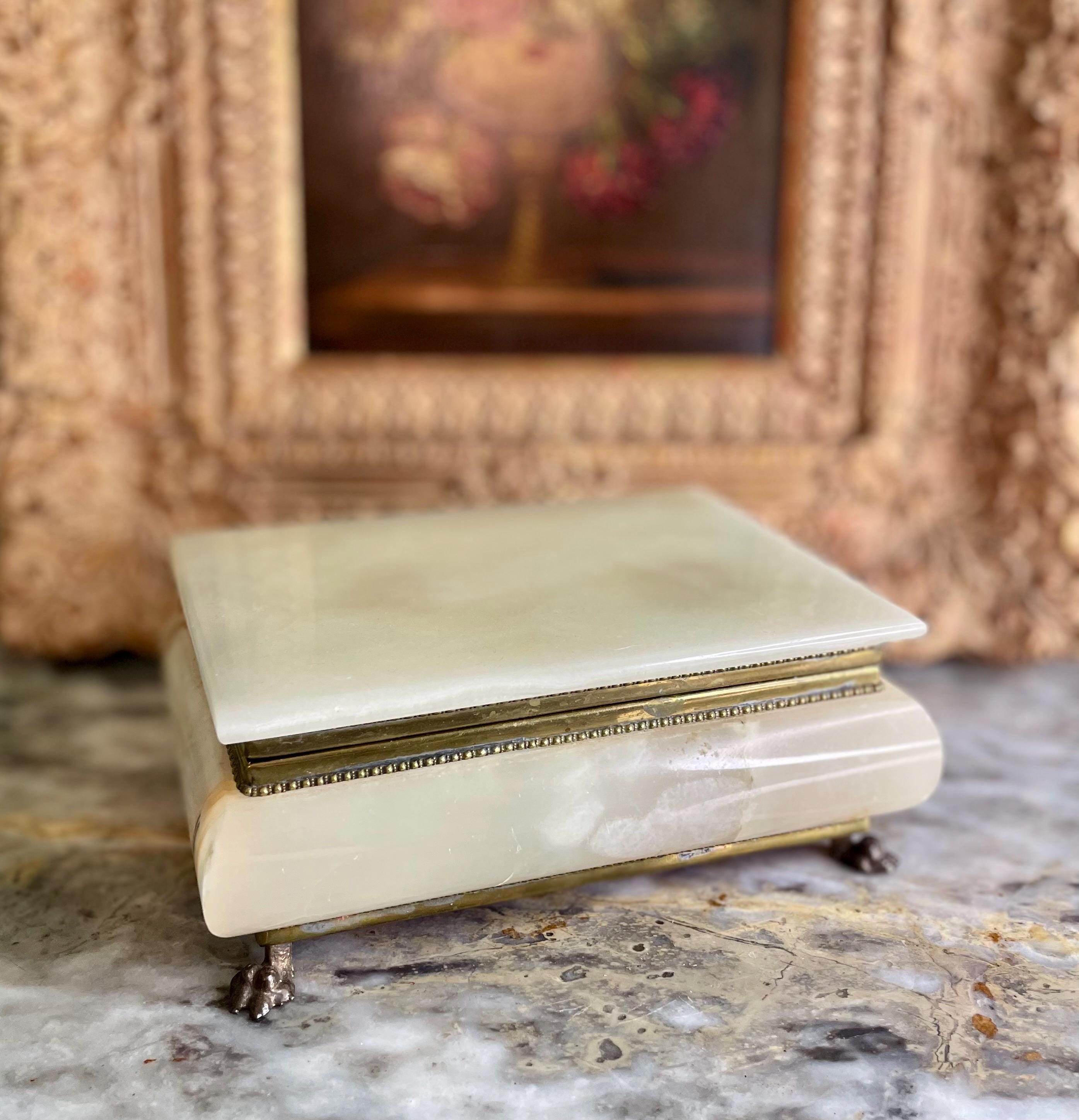 Vintage Onyx Footed Jewelry Casket with Red Velvet Interior