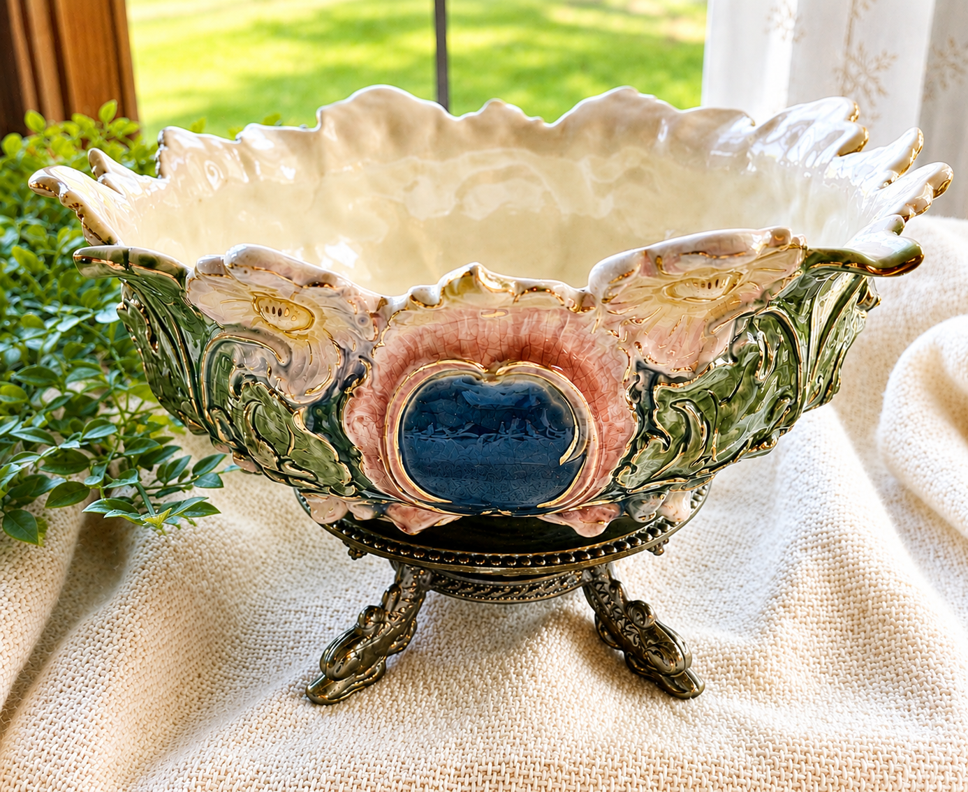 Antique Majolica Style Centerpiece Bowl on Ornate Stand