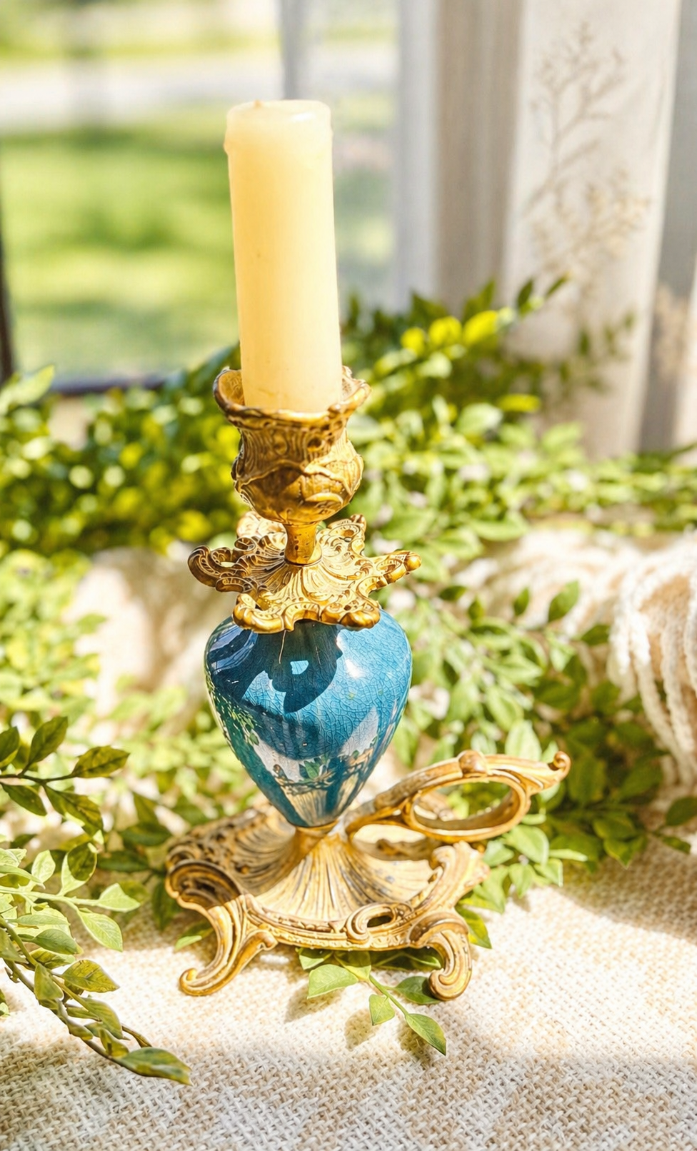 Vintage Cobalt Blue Porcelain & Ormolu Chamberstick Candlestick